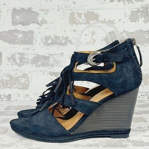 NEW Trask Felicity Fringe Black Suede Wedge Summer Sandals D834